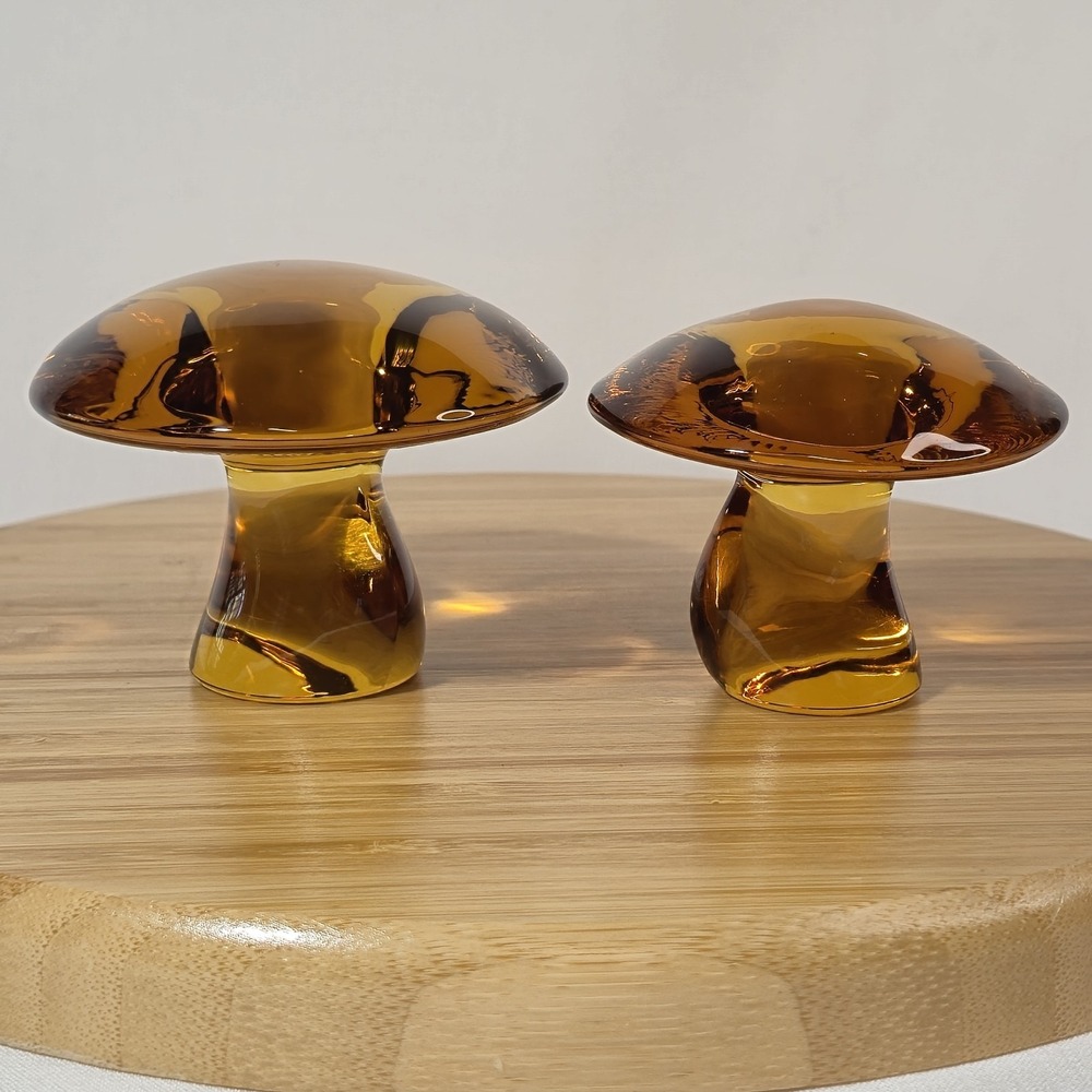 Vintage MCM Viking Glass Pair of Honey Amber Orange Mushroom Paperweights EUC